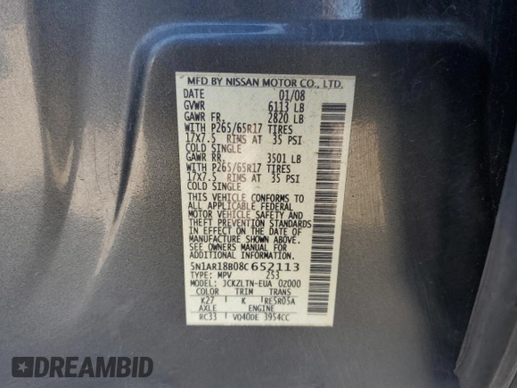 2008 Nissan Pathfinder SE with VIN 5N1AR18B08C652113, listed as a Copart auction lot 53815925 with 252,770 mi miles and Salvage title. Bid and sale history available at DreamBid. Image 13.