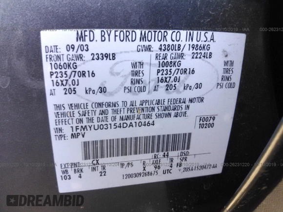 2004 Ford Escape XLT с VIN 1FMYU03154DA10464, выставлен на аукционе IAAI как лот 26231220 с пробегом 102 279 миль миль и . История ставок и продаж доступна на DreamBid. Изображение 9.