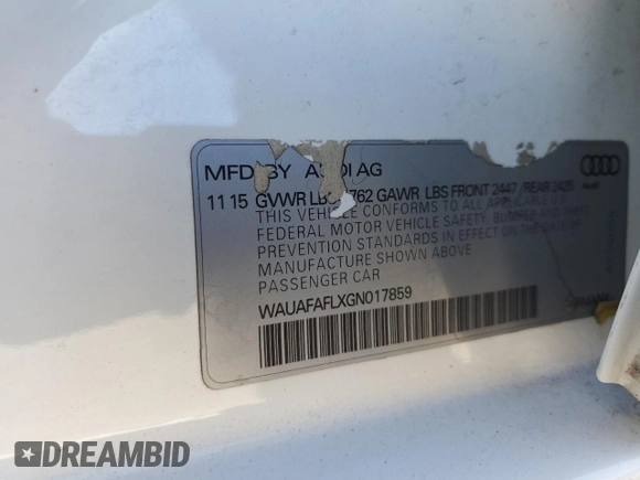 2016 Audi A4 Premium with VIN WAUAFAFLXGN017859, listed as a Copart auction lot 89310785 with 108,113 mi miles and Salvage Title. Bid and sale history available at carsss.com. Image 13.