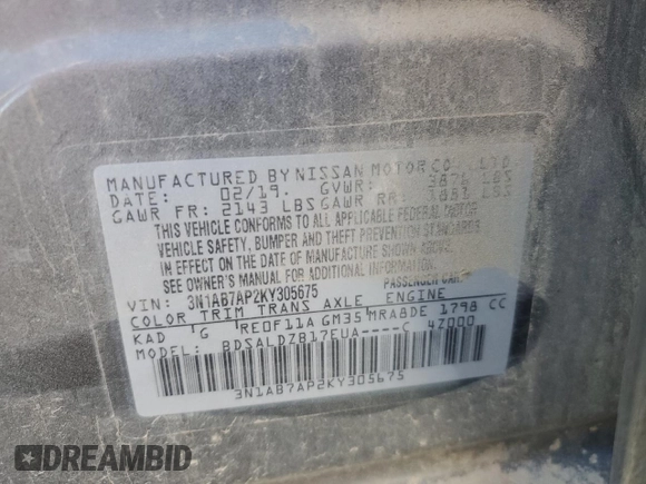 2019 Nissan Sentra SV z VIN 3N1AB7AP2KY305675, wystawiony jako Copart lot #55119015 z przebiegiem 44 217 mil mil oraz Szkoda całkowita • Salvage title. Historia ofert i sprzedaży dostępna na DreamBid. Obrazek 13.