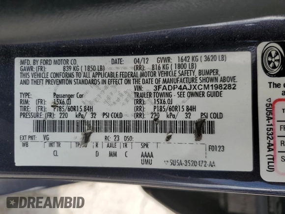 2012 Ford Fiesta S with VIN 3FADP4AJXCM198282, listed as a Copart auction lot 59572865 with 177,455 mi miles and Salvage title. Bid and sale history available at DreamBid. Image 12.