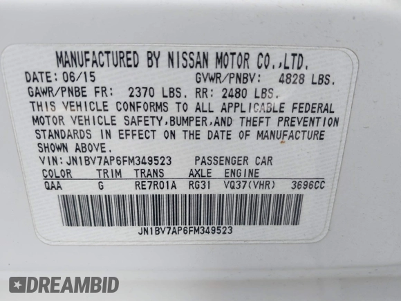 2015 Infiniti Q50 Premium with VIN JN1BV7AP6FM349523, listed as a IAAI auction lot 40940482 with 96,577 mi miles and . Bid and sale history available at DreamBid. Image 9.