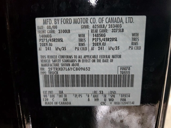 2000 Ford F-150 XL z VIN 2FTRX07L6YCB09652, wystawiony jako Copart lot #44827725 z przebiegiem Nie podano mil oraz Szkoda całkowita • Salvage title. Historia ofert i sprzedaży dostępna na DreamBid. Obrazek 12.