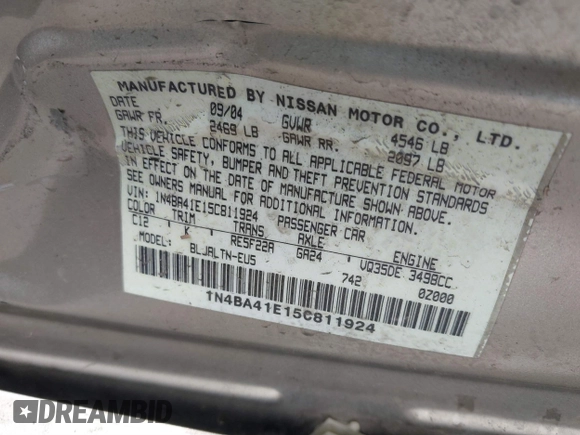 2005 Nissan Maxima SL with VIN 1N4BA41E15C811924, listed as a IAAI auction lot 42067614 with 230,375 mi miles and . Bid and sale history available at DreamBid. Image 9.