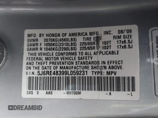 2009 Honda CR-V LX with VIN 5J6RE48399L059231, listed as a IAAI auction lot 41769482 with 120,822 mi miles. Bid and sale history available at carsss.com. Image 9.