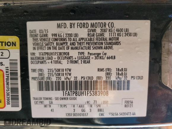 2015 Ford Mustang EcoBoost Premium with VIN 1FATP8UH1F5383908, listed as a Copart auction lot 61496505 with 146,875 mi miles and Salvage title. Bid and sale history available at DreamBid. Image 12.