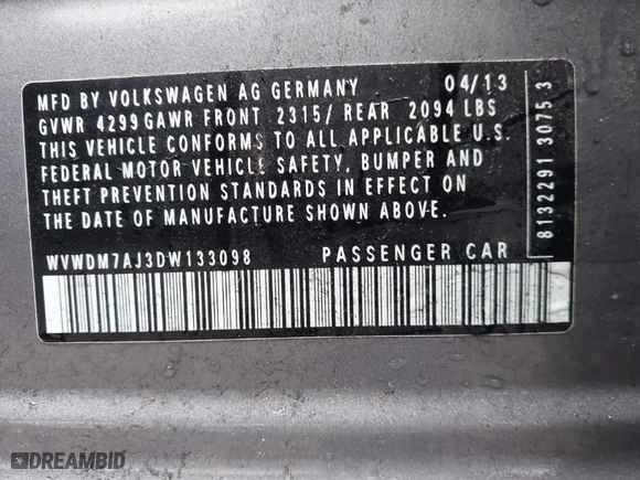 2013 Volkswagen Golf TDI with VIN WVWDM7AJ3DW133098, listed as a IAAI auction lot 41129134 with 89,753 mi miles. Bid and sale history available at carsss.com. Image 9.