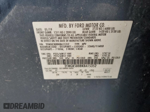 2019 Ford Flex SE with VIN 2FMGK5B88KBA15352, listed as a Copart auction lot 44358405 with 182,538 mi miles and Salvage Title. Bid and sale history available at carsss.com. Image 13.