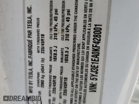 2019 Tesla Model 3 Mid Range z VIN 5YJ3E1EA0KF428001, wystawiony jako Copart lot #58480685 z przebiegiem 182 144 mil mil oraz Szkoda całkowita • Salvage title. Historia ofert i sprzedaży dostępna na DreamBid. Obrazek 12.