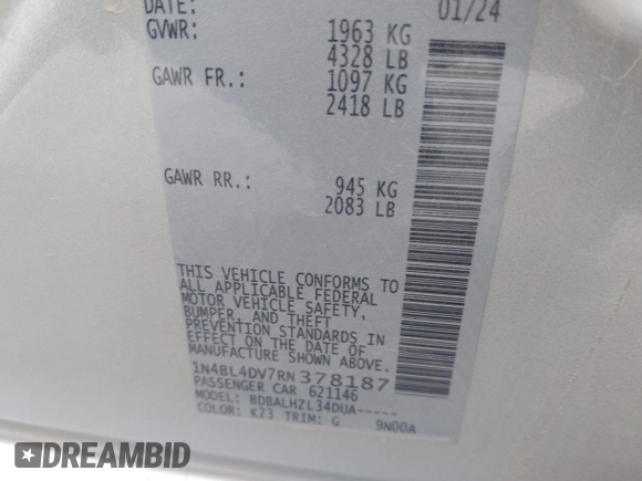 2024 Nissan Altima SV z VIN 1N4BL4DV7RN378187, wystawiony jako IAAI lot #42124459 z przebiegiem Nie podano mil oraz . Historia ofert i sprzedaży dostępna na DreamBid. Obrazek 9.