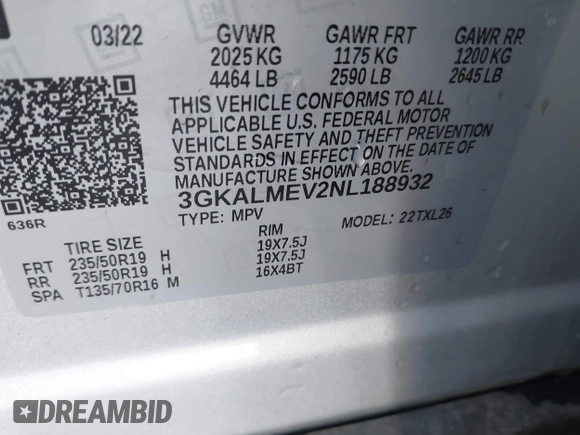 2022 GMC Terrain SLE with VIN 3GKALMEV2NL188932, listed as a IAAI auction lot 41731021 with 61,952 mi miles. Bid and sale history available at carsss.com. Image 9.