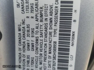 2013 Honda Civic Sdn LX with VIN 2HGFB2F58DH569958, listed as a Copart auction lot 52217725 with 62,921 mi miles and Salvage Title. Bid and sale history available at carsss.com. Image 14.