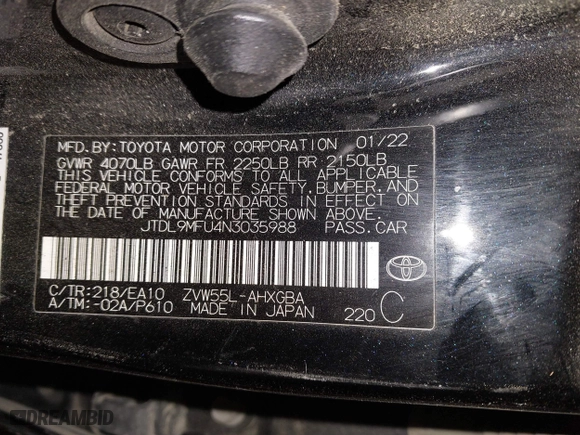 2022 Toyota Prius LE with VIN JTDL9MFU4N3035988, listed as a IAAI auction lot 41389054 with 56,633 mi miles. Bid and sale history available at carsss.com. Image 9.