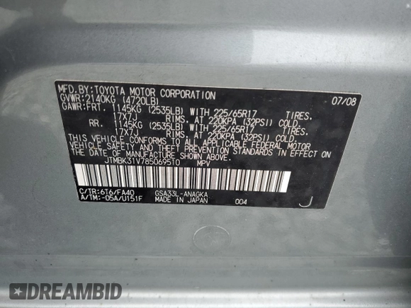 2008 Toyota RAV4 Limited with VIN JTMBK31V785069510, listed as a Copart auction lot 59677975 with 158,269 mi miles and Clean title. Bid and sale history available at DreamBid. Image 14.