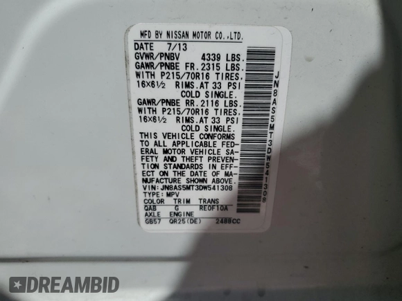 2013 Nissan Rogue S with VIN JN8AS5MT3DW541308, listed as a Copart auction lot 46843455 with 92,034 mi miles and Salvage Title. Bid and sale history available at DreamBid. Image 15.