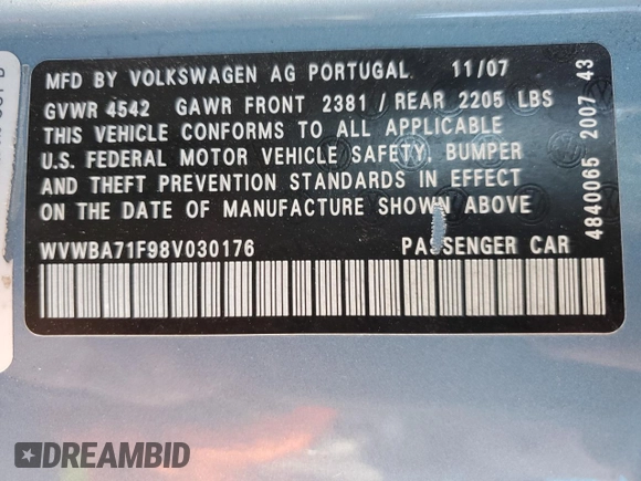 2008 Volkswagen Eos Turbo z VIN WVWBA71F98V030176, wystawiony jako Copart lot #46336425 z przebiegiem 114 520 mil mil oraz Szkoda całkowita • Salvage title. Historia ofert i sprzedaży dostępna na DreamBid. Obrazek 12.