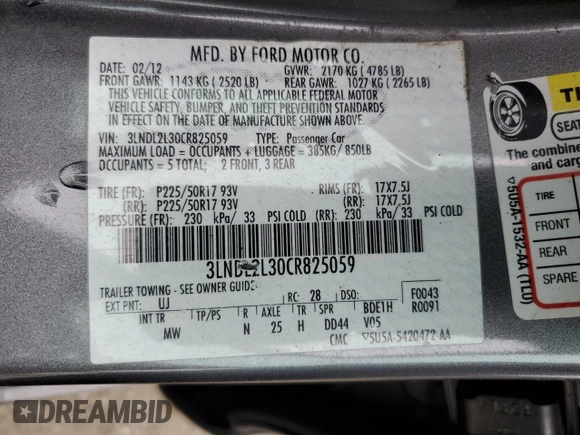 2012 Lincoln MKZ Hybrid with VIN 3LNDL2L30CR825059, listed as a Copart auction lot 56988625 with 143,644 mi miles and Clean title. Bid and sale history available at DreamBid. Image 12.