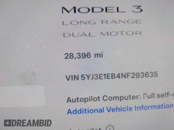 2022 Tesla Model 3 Long Range with VIN 5YJ3E1EB4NF293635, listed as a IAAI auction lot 41388234 with 28,396 mi miles and . Bid and sale history available at DreamBid. Image 16.