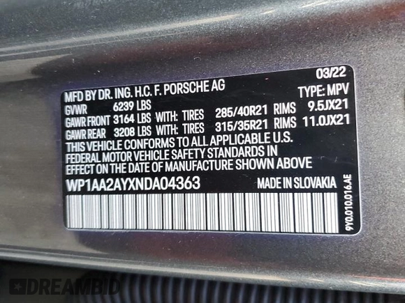 2022 Porsche Cayenne with VIN WP1AA2AYXNDA04363, listed as a Copart auction lot 50232415 with 66,680 mi miles and Salvage title. Bid and sale history available at DreamBid. Image 13.