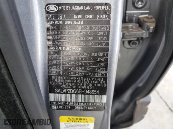 2014 Land Rover Range Rover Evoque Pure Plus with VIN SALVP2BG6EH948654, listed as a Copart auction lot 66820015 with 101,208 mi miles and Clean title. Bid and sale history available at DreamBid. Image 13.