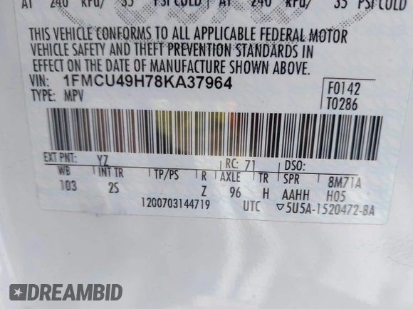 2008 Ford Escape Hybrid with VIN 1FMCU49H78KA37964, listed as a IAAI auction lot 41590572 with 139,830 mi miles and . Bid and sale history available at DreamBid. Image 9.