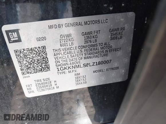 2020 GMC Acadia SLT with VIN 1GKKNMLS8LZ180007, listed as a IAAI auction lot 41197369 with 61,968 mi miles and . Bid and sale history available at DreamBid. Image 9.