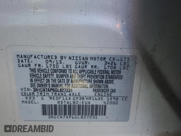 2016 Nissan Versa SV with VIN 3N1CN7AP6GL827231, listed as a Copart auction lot 50433715 with Not Provided miles and Clean Title. Bid and sale history available at carsss.com. Image 12.
