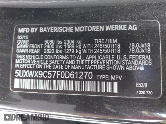 2015 BMW X3 xDrive28i with VIN 5UXWX9C57F0D61270, listed as a IAAI auction lot 42254938 with 185,550 mi miles and . Bid and sale history available at DreamBid. Image 9.