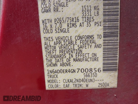 2016 Nissan Frontier SV with VIN 1N6AD0ER4GN700856, listed as a IAAI auction lot 42211300 with 199,033 mi miles and . Bid and sale history available at DreamBid. Image 9.