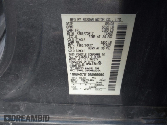 2005 Nissan Titan SE with VIN 1N6BA07B15N569959, listed as a IAAI auction lot 41389671 with 188,335 mi miles and . Bid and sale history available at DreamBid. Image 9.