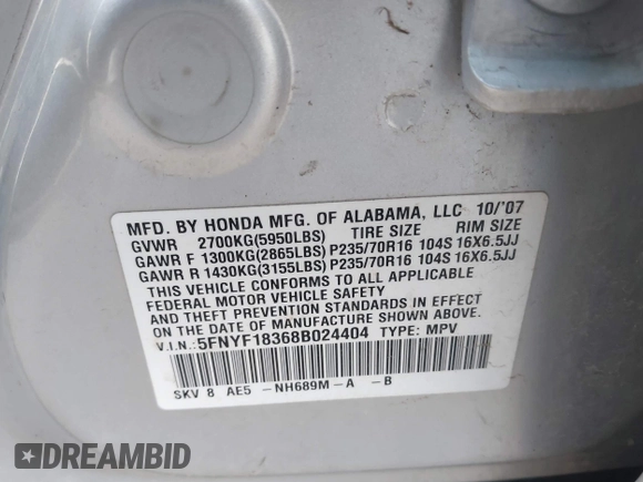 2008 Honda Pilot SE with VIN 5FNYF18368B024404, listed as a IAAI auction lot 41889168 with Not Provided miles and . Bid and sale history available at DreamBid. Image 9.