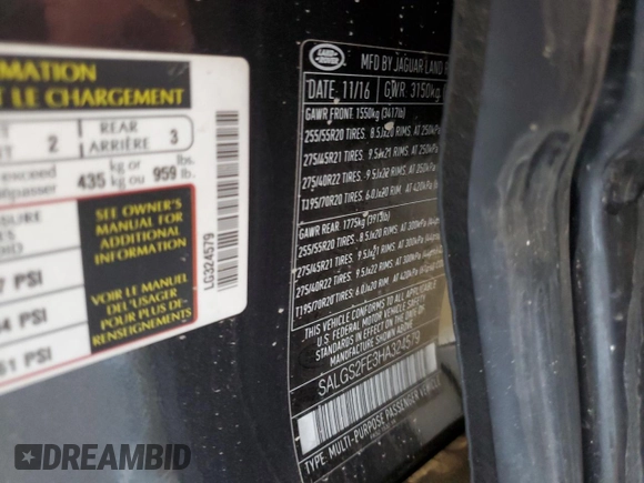 2017 Land Rover Range Rover с VIN SALGS2FE3HA324579, выставлен на аукционе Copart как лот 56676585 с пробегом Не указан миль и Списание • Salvage title. История ставок и продаж доступна на DreamBid. Изображение 13.