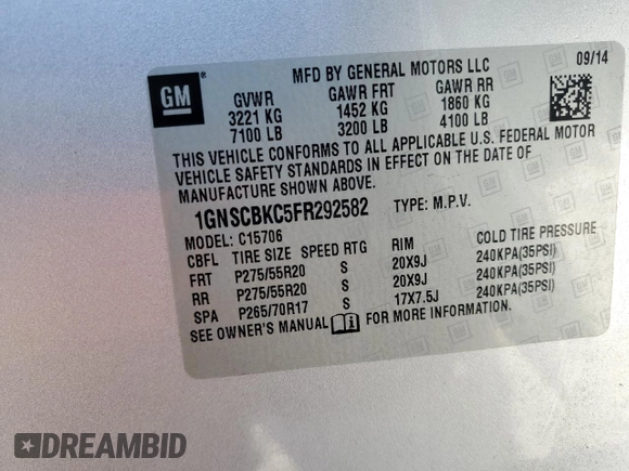 2015 Chevrolet Tahoe LT with VIN 1GNSCBKC5FR292582, listed as a Copart auction lot 42202885 with 152,388 mi miles and Salvage Title. Bid and sale history available at DreamBid. Image 13.
