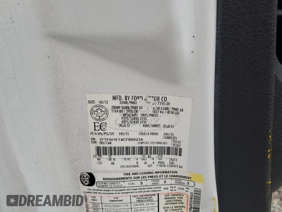 2012 Ford F-150 XL с VIN 1FTFW1ET4CFB66234, выставлен на аукционе Copart как лот 57474945 с пробегом Не указан миль и Чистый • Clean title. История ставок и продаж доступна на DreamBid. Изображение 12.