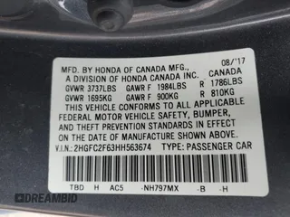 2017 Honda Civic Sedan LX with VIN 2HGFC2F63HH563674, listed as a IAAI auction lot 41633602 with 1 mi miles. Bid and sale history available at carsss.com. Image 9.