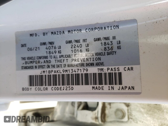 2021 Mazda Mazda3 Hatchback Select with VIN JM1BPAKL9M1347179, listed as a Copart auction lot 39951993 with 15,269 mi miles. Bid and sale history available at carsss.com. Image 14.