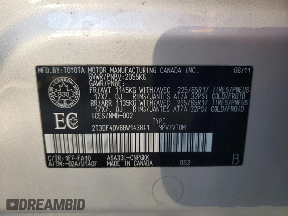 2011 Toyota RAV4 Ltd with VIN 2T3DF4DV8BW143841, listed as a Copart auction lot 41563195 with 186,497 mi miles and Salvage Title. Bid and sale history available at carsss.com. Image 13.
