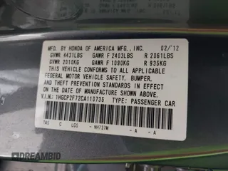 2012 Honda Accord EX with VIN 1HGCP2F72CA110735, listed as a IAAI auction lot 42649996 with 172,549 mi miles and . Bid and sale history available at DreamBid. Image 9.