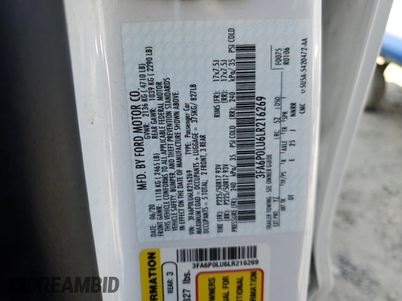 2020 Ford Fusion SE z VIN 3FA6P0LU6LR216269, wystawiony jako Copart lot #68509044 z przebiegiem 60 556 mil mil oraz Szkoda całkowita • Salvage title. Historia ofert i sprzedaży dostępna na DreamBid. Obrazek 12.