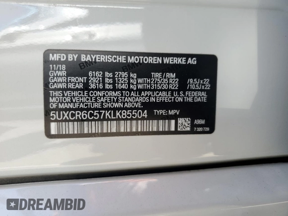 2019 BMW X5 xDrive40i with VIN 5UXCR6C57KLK85504, listed as a Copart auction lot 60908665 with 21,333 mi miles and Salvage title. Bid and sale history available at DreamBid. Image 13.