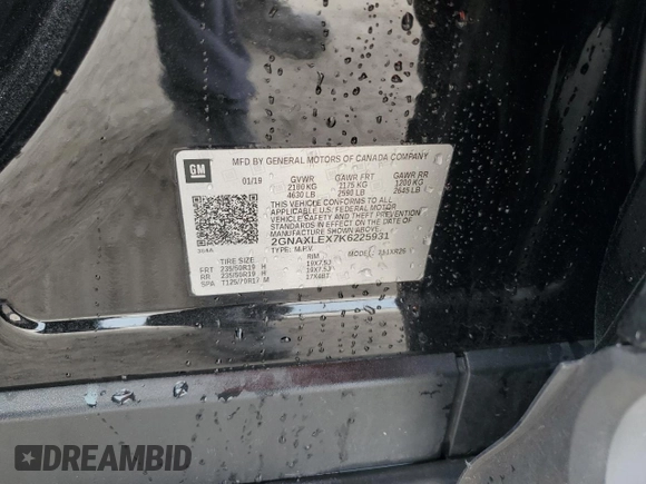 2019 Chevrolet Equinox LT with VIN 2GNAXLEX7K6225931, listed as a Copart auction lot 50441775 with 68,996 mi miles and Non Repairable. Bid and sale history available at DreamBid. Image 12.