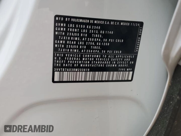 2024 Volkswagen Tiguan with VIN 3VVTB7AX3RM233619, listed as a Copart auction lot 51043355 with 1,002 mi miles and Salvage title. Bid and sale history available at DreamBid. Image 13.
