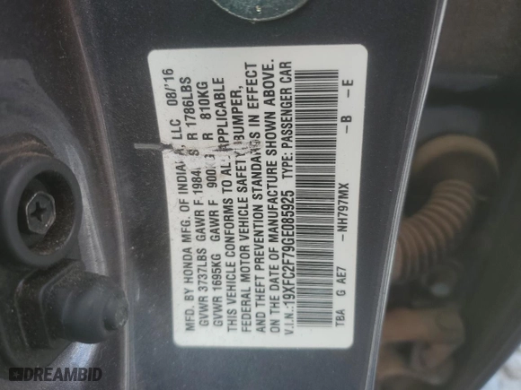 2016 Honda Civic Sedan EX with VIN 19XFC2F79GE085925, listed as a Copart auction lot 48923165 with 143,635 mi miles and Salvage Title. Bid and sale history available at carsss.com. Image 14.