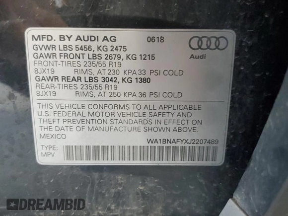2018 Audi Q5 Premium Plus with VIN WA1BNAFYXJ2207489, listed as a Copart auction lot 62893875 with 127,122 mi miles and Salvage title. Bid and sale history available at DreamBid. Image 12.