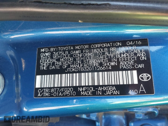 2016 Toyota Prius One z VIN JTDKDTB32G1126614, wystawiony jako IAAI lot #41970288 z przebiegiem 111 354 mil mil oraz . Historia ofert i sprzedaży dostępna na DreamBid. Obrazek 9.
