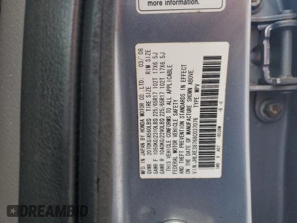 2008 Honda CR-V EX-L with VIN JHLRE38768C037076, listed as a Copart auction lot 48724185 with 181,558 mi miles and Salvage Title. Bid and sale history available at carsss.com. Image 12.