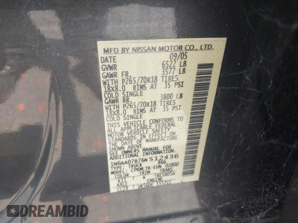 2006 Nissan Titan LE z VIN 1N6AA07B76N512436, wystawiony jako IAAI lot #42447569 z przebiegiem 152 215 mil mil oraz . Historia ofert i sprzedaży dostępna na DreamBid. Obrazek 9.
