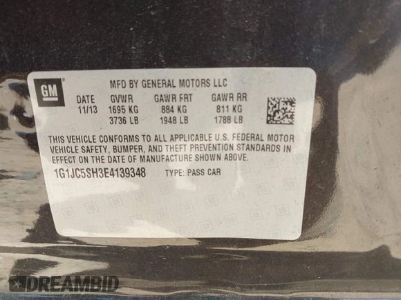 2014 Chevrolet Sonic LT с VIN 1G1JC5SH3E4139348, выставлен на аукционе IAAI как лот 42336984 с пробегом Не указан миль и . История ставок и продаж доступна на DreamBid. Изображение 9.