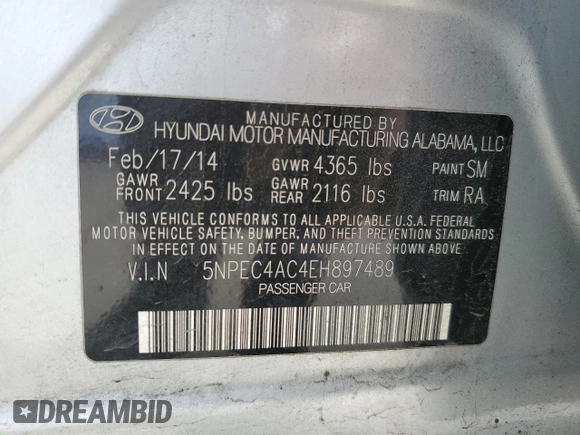 2014 Hyundai Sonata SE with VIN 5NPEC4AC4EH897489, listed as a Copart auction lot 49184125 with 95,840 mi miles and Salvage Title. Bid and sale history available at DreamBid. Image 14.