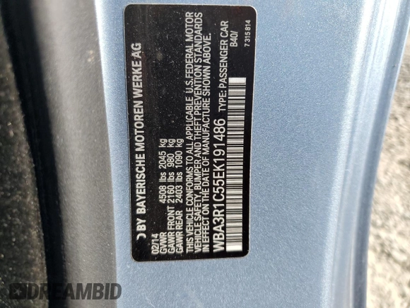 2014 BMW 4 Series 435i with VIN WBA3R1C55EK191486, listed as a Copart auction lot 64141605 with 59,568 mi miles and Salvage title. Bid and sale history available at DreamBid. Image 12.